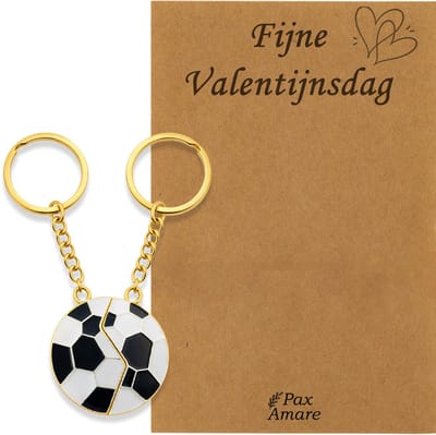 Koppel Sleutelhanger voor 2 'Fijne Valentijnsdag' - Magnetische Voetbal - Sleutelhanger set op Cadeau Kaartje - Goudkleurig - Vriendschap of Relatie Symbool - Pax Amare