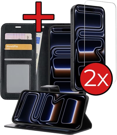 Hoesje - Met 2x Screenprotector - Geschikt voor iPhone 17 Pro / 18 Pro - Luxe Pasjeshouder - Flip Case - Bookcase Portemonee - Kunstleer Book Case - Flipcase Hoes - Book Cover - Walletcase - Portemonneehoes - Telefoonhoes - Zwart