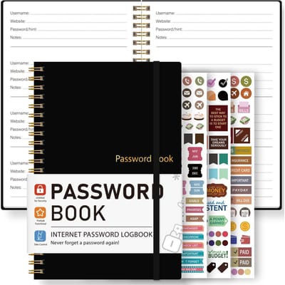 A5 Wachtwoordboek Internetadres Logboek Met Wachtwoord Hint Pagina's Website Account Organizer Stickers Spiraalgebonden zwart