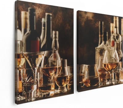 Artaza Canvas Schilderij Tweeluik Glazen met Sterke Drank - Flessen - 120x80 - Foto Op Canvas - Canvas Print