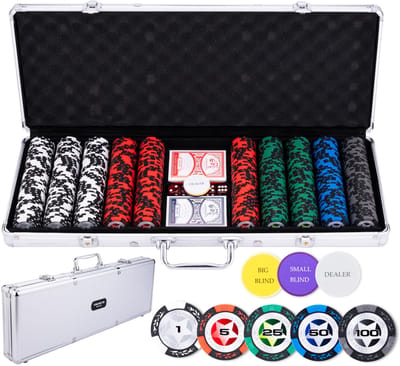 Dailygoods- Pokerset 500 Chips - Zilverkleurige Koffer - 2 Kaartspellen - 3 Dealerknoppen - 5 Dobbelstenen - Premium Kwaliteit - Poker Set