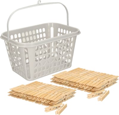 Wasknijpersmandje met ophanghaak - lichtgrijs - met 120x bamboo wasknijpers 7 cm - was ophangen