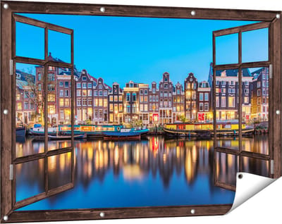 Gards Tuinposter Doorkijk Amsterdamse Huisjes in de Avond met Lichten - 120x80 cm - Tuindoek - Tuindecoratie - Wanddecoratie buiten - Tuinschilderij
