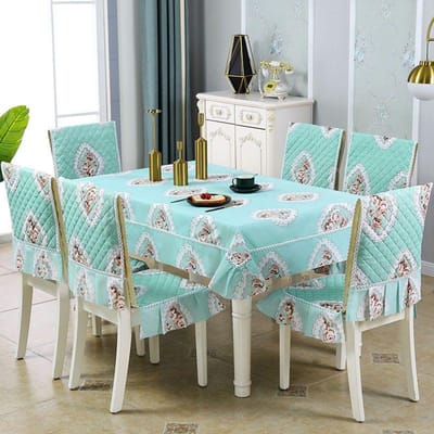Housse de chaise connectée de style européen rouge bleu avec bordure en dentelle, housse de tabouret intégrée, nappe rectangulaire, coussin épais Connected seat cover