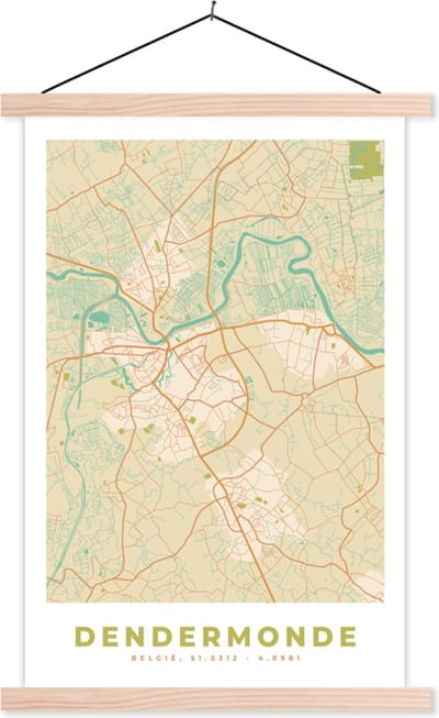 Posterhanger incl. Poster 40x60 cm - Schoolplaat - Plattegrond - Kaart - Dendermonde - Vintage - Stadskaart - Textielposter - Blanke latten - Stadskaart