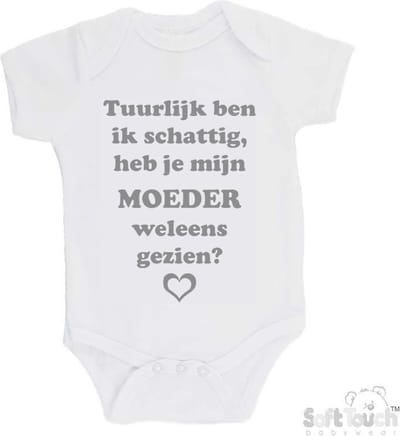 100% katoenen Romper "Tuurlijk ben ik schattig, heb je mijn moeder weleens gezien?" Unisex Katoen Wit/grijs Maat 56/62