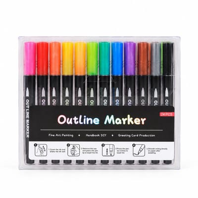 Ronde metallic glansmarkers - 24 kleuren - zwarte houder met steun - verpakt in PP-doos