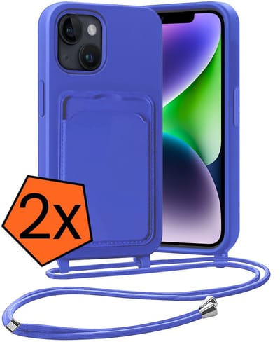 Hoesje Geschikt voor iPhone 13 Hoesje Met Telefoonketting Pasjeshouder Case Koord - Hoesje Geschikt voor iPhone 13 Hoes Met Kaarthouder - Felblauw - 2 PACK