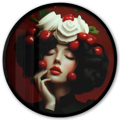 Poster in lijst Rond - Fotolijst 40x40 cm - Posters - Vrouw - Kersen - Slagroom - Ronde posterlijst zwart - Decoratie - Wanddecoratie woonkamer - Muurdecoratie slaapkamer