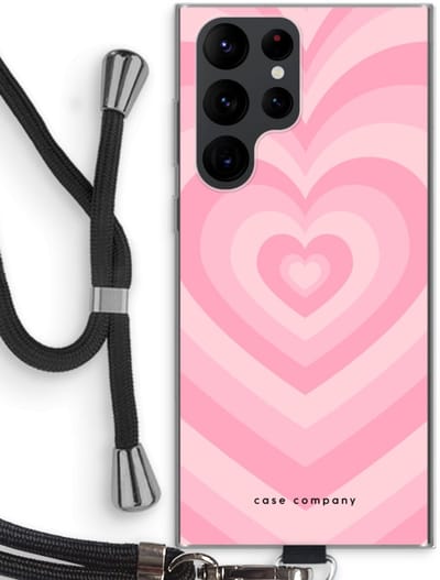 Case Company® - Hoesje met koord geschikt voor Samsung Galaxy S22 Ultra hoesje met Koord - Hart Roos - Telefoonhoesje met Zwart Koord - Bescherming aan alle Kanten en Over de Schermrand