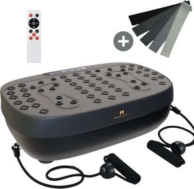 MusclePro PowerPlate - Trilplaat fitness - Inclusief weerstandsbanden en handvatten - Vibration Plate - 6 trainingsprogramma's - 99 snelheidsniveaus - zwart