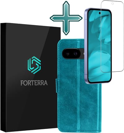 Hoesje Met Screenprotector - Geschikt voor Google Pixel 9a - Luxe Pasjeshouder - Flipcase - Bookcase Portemonee - Flip Case - Kunstleer Book Case - Book Cover - Walletcase - Portemonneehoes - Turquoise