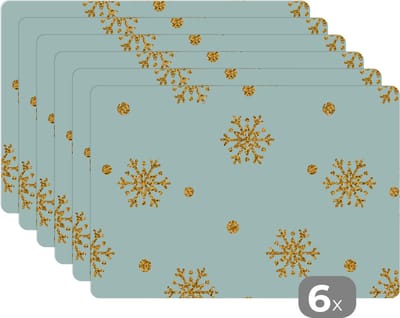 Placemat - Placemats kunststof - Kerst - Patroon - Sneeuw - Goud - 45x30 cm - 6 stuks - Hittebestendig - Anti-Slip - Onderlegger - Afneembaar