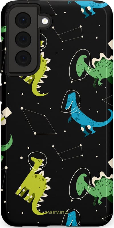 Casetastic hoesje geschikt voor Samsung Galaxy S21 FE 5G - Dubbellaagse bescherming - Dino in de sterren - Fashion Case - Zwart Groen