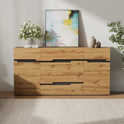 Sweiko Dressoir - Halmeubel - Houtnerfafwerking - 4 lades - 160*40*80 cm - Natuurlijke + Zwart