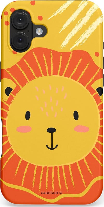 Casetastic hoesje geschikt voor Apple iPhone 16 Plus - MagSafe - Dubbellaagse bescherming - Vrolijke leeuw - Fashion Case - Goud Rood Oranje
