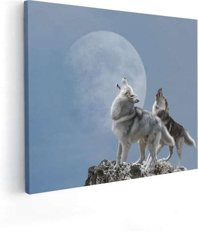 Artaza Canvas Schilderij Wolf - 100x80 cm - Groot - Wanddecoratie Dieren - Muurdecoratie Maan - Schilderijen Op Canvas Wilde Dieren