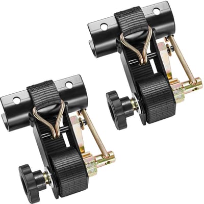 Zwaar uitgevoerde ladderrek-ratelbanden, compatibel met ronde buizen van 47,6-50,8 mm, 38 mm breed x 2,25 m lang, zwarte banden met dubbele J-haken, draagvermogen 226,8 kg, veilige vrachtgesp (set van 2)