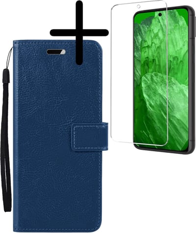 Hoesje Met Screenprotector - Geschikt voor Google Pixel 8a - Luxe Pasjeshouder - Bookcase Portemonee - Flip Case - Kunstleer Book Case - Flipcase - Book Cover - Walletcase - Portemonneehoes - Donkerblauw