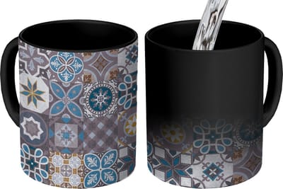 Magische Mok - Foto op Warmte Mokken - Koffiemok - Bloemen - Patronen - Blauw - Bruin - Magic Mok - Beker - 350 ML - Theemok