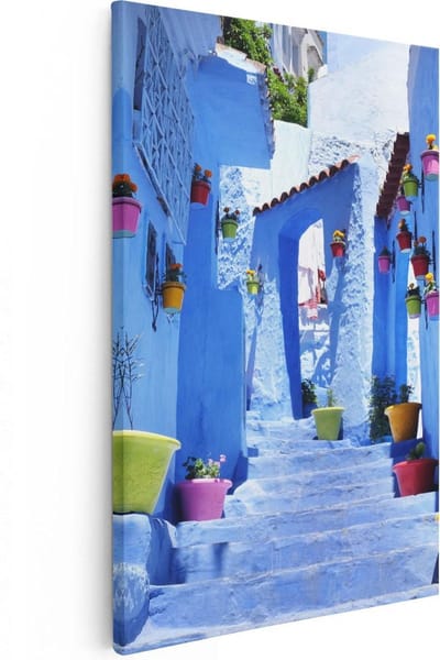 Artaza Canvas Schilderij Chefchaouen - 20x30 cm - Klein - Muurdecoratie Blauwe Stad - Wanddecoratie Steeg - Kamer Accessoires