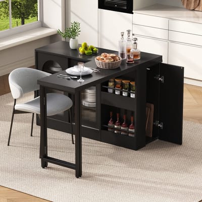 REDOM Uitschuifbare Eettafel 121 cm - 360° Draaibaar Blad - Inklapbaar & Ruimtebesparend - Moderne Eetkamertafel met Opbergruimte - MDF en Metaal - Zwart