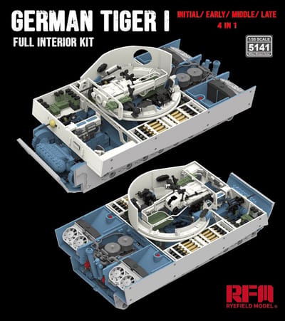 Rye Field Model Modelbouwpakket Militaire voertuigen - 5141 Tiger I Interieur - Initieel-, Vroege-, Late Productie - 4-in-1 Set Plastic - 1:35 - Modelbouw