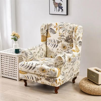 Bladeren Bedrukte Vleugelstoelhoes Stretch Spandex Bankhoezen Elastische Fauteuilhoezen Antislip Bankovertrek Meubelbeschermer white