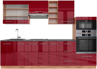 Vicco Fame-Line Complete keukeneenheid – 280 cm, WB Antraciet Bordeaux hoogglans/gouden eik