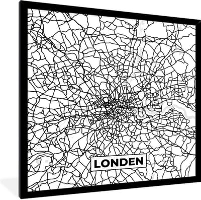 Fotolijst incl. Poster Zwart Wit- Londen - Stadskaart - Plattegrond - Zwart Wit - Kaart - 40x40 cm - Posterlijst