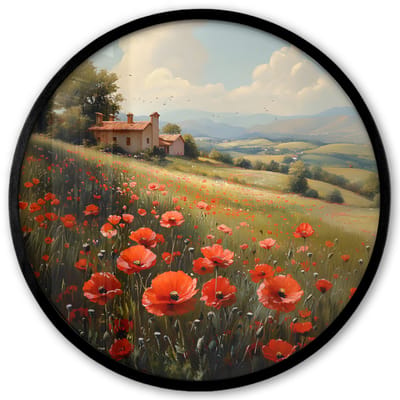 Poster in lijst Rond - Fotolijst 40x40 cm - Posters - Klaprozen - Rood - Heuvels - Landschap - Ronde posterlijst zwart - Decoratie - Wanddecoratie woonkamer - Muurdecoratie slaapkamer