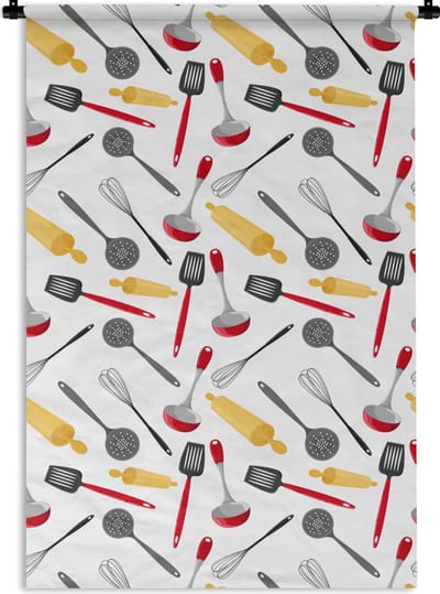 Wandkleed - Wanddoek - Patronen - Keukengerei - Spatel - Deegroller - 120x180 cm - Wandtapijt