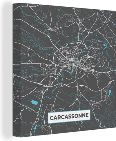 Canvas Schilderij Carcassonne - Plattegrond - Stadskaart - Kaart - Frankrijk - 20x20 cm - Wanddecoratie