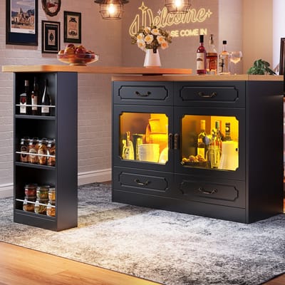 PHOEBE CAT Uitschuifbare bartafel - LED-verlichting - 360° draaibaar - 4 lades - Keukeneiland - Zwart
