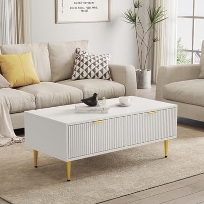 Sweiko Moderne witte salontafel met gouden accenten, 2 laden, verticaal streepontwerp, 100*50*40cm, woonkamer salontafel, sofa kort kabinet