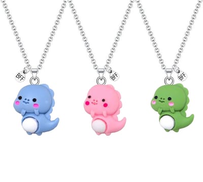 Bixorp Friends BFF Ketting voor 3 met Schattige Dino - Groen, Roze & Blauw - Dinosaurus met ei - 45cm + 5cm verstelbaar