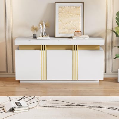 Modern Dressoir - Eetkamerkast Halmeubel - Opbergen Woonkamer - Verstelbare Legplanken - 140 x 38 x 70 cm - Wit Platina