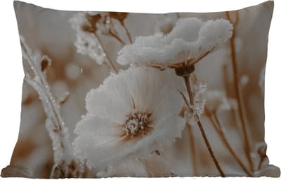 Buitenkussens - Tuin - Bloemen - Winter - Wit - Sneeuw - Beige - 50x30 cm