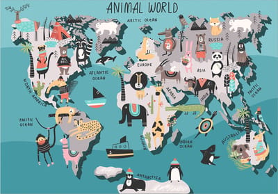 Fotobehangkoning - Behang - Vliesbehang - Fotobehang Dieren Wereldkaart - Kinderbehang Animal Map - 150 x 105 cm