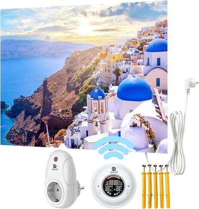 Infrarood Verwarming - Beeldverwarming UV-print - Ruimte Verwarmen - Zonder Frame - 80 x 60 cm - Santorini Griekenland