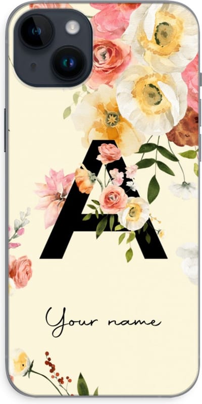 Gepersonaliseerd - Case Company® - Hoesje geschikt voor iPhone 14 Plus hoesje - Flirty Flowers Monogram - Soft Cover Telefoonhoesje - Bescherming aan alle Kanten en Schermrand