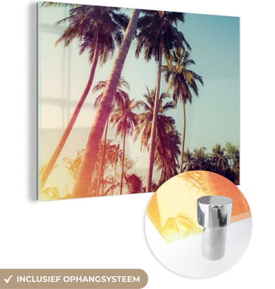MuchoWow® Glasschilderij 40x30 cm - Schilderij acrylglas - Palmboom - Zomer - Retro - Zon - Foto op glas - Schilderijen