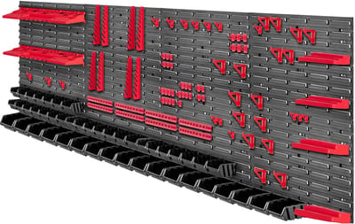 KADAX Gereedschapswandrek, groot, 232 x 78 cm, opslagsysteem van robuust kunststof, uv-bestendig modulesysteem, uitbreidbare wandplaten, werkplaatsrek voor garage (rood en zwart, 132 stuks)