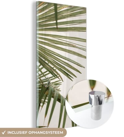 MuchoWow® Glasschilderij 60x120 cm - Schilderij acrylglas - Bladeren - Palmblad - Tropisch - Zomer - Foto op glas - Schilderijen