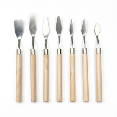 Lichtbruin zilverkleurig palet messen set 7 delig met houten handvat en metalen mes voor kunstenaars en hobbyisten verschillende vormen voor schilderen en textuur applicatie