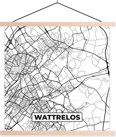 Posterhanger incl. Poster 40x40 cm - Schoolplaat - Stadskaart - Plattegrond - Kaart - Wattrelos - Frankrijk - Zwart wit - Textielposter - Blanke latten - Stadskaart