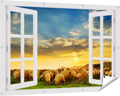 Gards Tuinposter Doorkijk Kudde Schapen op het Gras bij Zonsondergang - 150x100 cm - Tuindoek - Tuindecoratie - Wanddecoratie buiten - Tuinschilderij