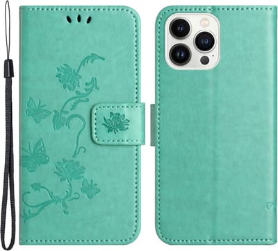 Coverup Hoesje - Geschikt voor iPhone 15 Pro Hoesje - Coverup Bloemen & Vlinders Book Case - Mintgroen