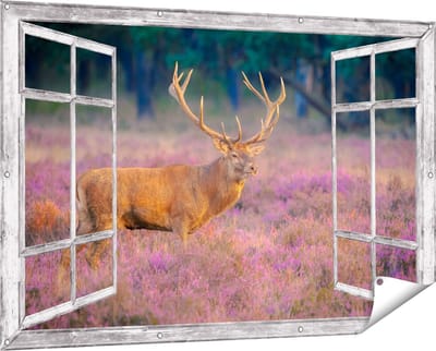 Gards Tuinposter Doorkijk Hert in de Weide tijdens Zonsondergang - 150x100 cm - Tuindoek - Tuindecoratie - Wanddecoratie buiten - Tuinschilderij