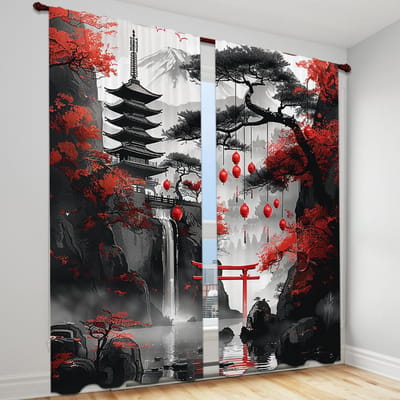 2 stuks Semi-verduisterend Gordijn Japans Landschap & Torii Poort Design Geweven Polyester Eigentijdse Stijl Machinewasbaar Tunnelzak 100W130H(CM)40x51in&Grommet Top